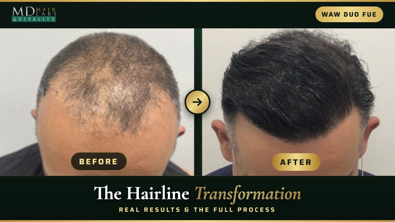 Before and after hairline transformation, WAW-FUE hair transplant result at MD Hair Labs
